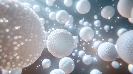 A photorealistic, highly detailed, background of perfectly formed, different sized, textured, white spheres, floating in a semi dark environment.