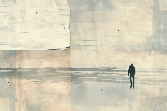 Person alone walking beach ephemera border backgrounds silhouette painting.