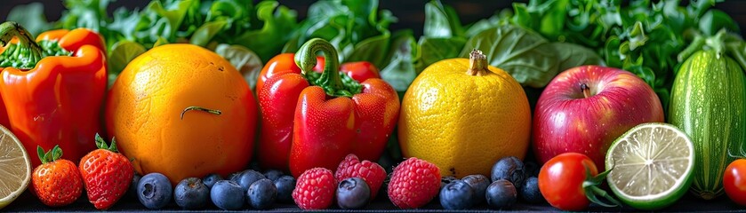A rich tapestry of colorful fruits and vegetables arranged closely