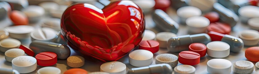 A red heart among pills depicting healthcare and love