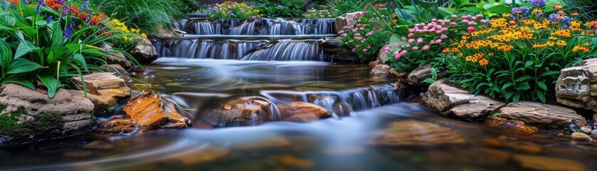 A serene stream with vibrant flowers along the rocky banks in a garden setting