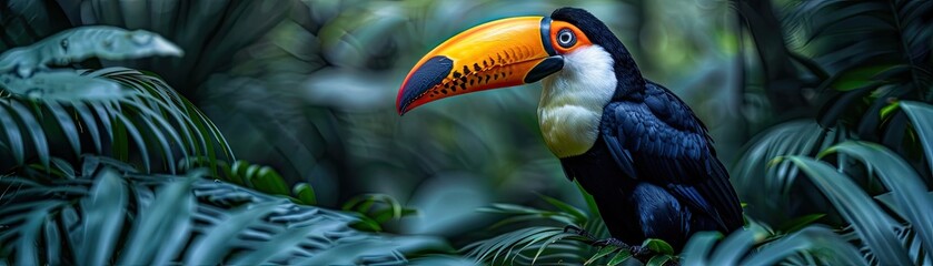Naklejka premium A vivid toucan sits among rich tropical foliage in a stylized jungle scene