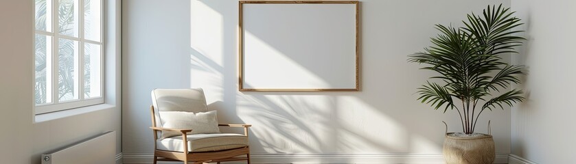 A wooden armchair and blank frame in a bright room
