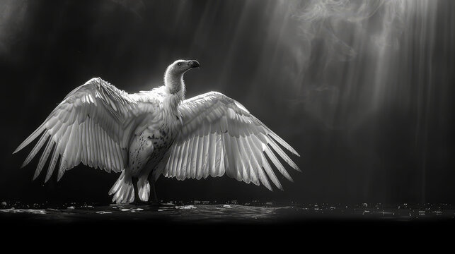  A black-and-white image of a bird with sprawled wings facing the light source behind