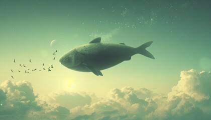 Fish swimming in the sky, an imaginative and surreal scene 🌥️🐟 Silvery fish float among the clouds, their scales reflecting the soft hues of the sky. This whimsical imagery evokes a dreamlike