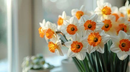  A white and orange flower bouquet in a vase on the windowsill, facing the window