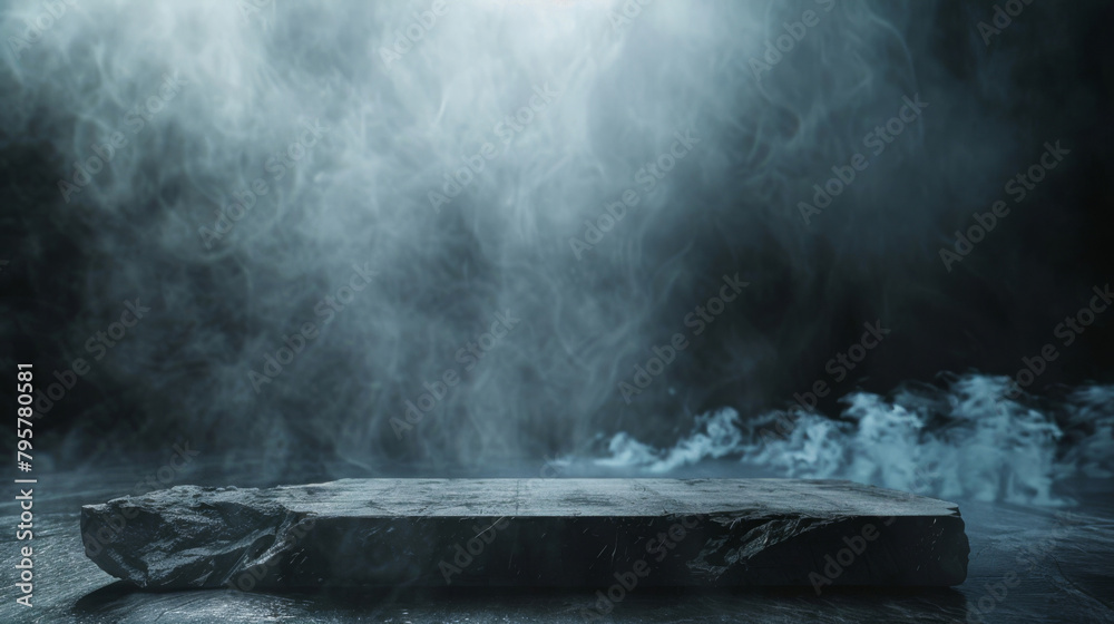Poster enigmatic stone platform with smoke on a dark background, perfect for displaying items