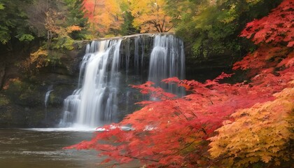 Fototapeta na wymiar A cascading waterfall framed by vibrant autumn fol