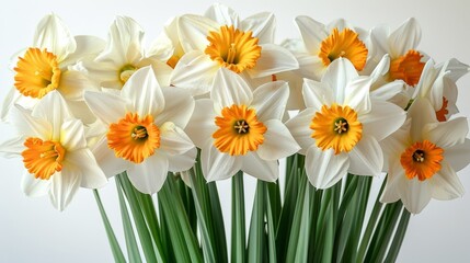   White and yellow blooms arranged in a vase with green-stemmed florets against a pristine white backdrop