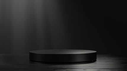 Black pedestal for showcasing products with spotlight in a dark room