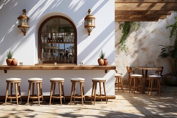 Fototapeta na wymiar Cafe Elegant Arch Window Bar with White Stools and Plants