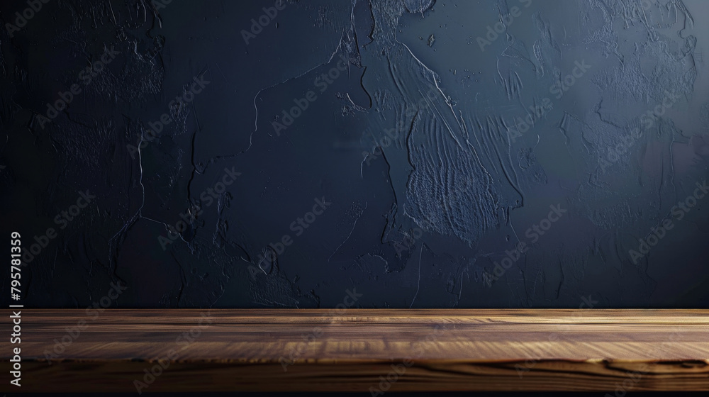 Poster **.a moody scene with a wooden surface against a dark, textured backdrop, ideal for product showcasi