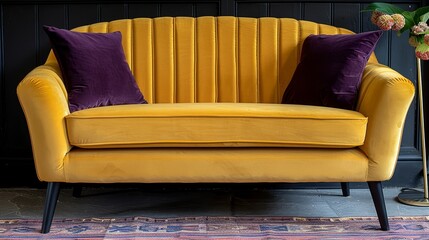   A yellow chair with two purple pillow tops In a room's corner, a vase filled with flowers - obrazy, fototapety, plakaty