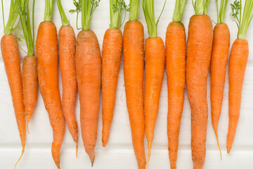 Bunch of fresh carrots on wooden background, top view