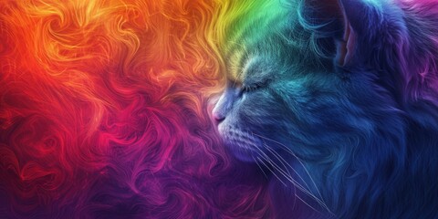 Vibrant background features cat's head in rainbow hues, radiating playful charm and whimsy. 🌈😺🎨