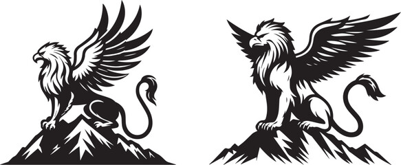 griffin half lion half eagle, hand drawn vector logo illustration, black animal shape silhouette svg, laser cutting cnc engraving