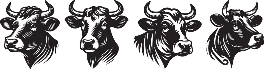 cow head black decoratiion vector, animal shape silhouette decorative vector, monochrome print clipart illustration, laser cutting engraving nocolor