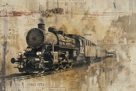Vintage steam train ephemera border locomotive vehicle railway.