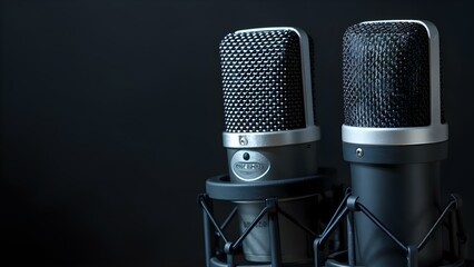 Two microphones in a dark podcast or interview room on black background. Concept Microphones, Podcast, Interview, Dark Room, Black Background