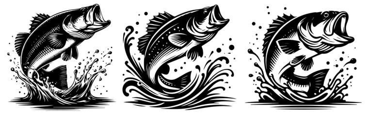 a fish jumping above the water, black decoratiion vector, animal shape silhouette decorative vector, monochrome print clipart illustration, laser cutting engraving nocolor