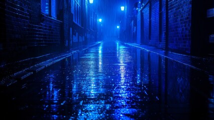 rainy blue city street at night, lights and reflections on the pavement