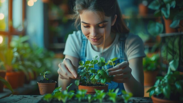 woman watering plants in a overol