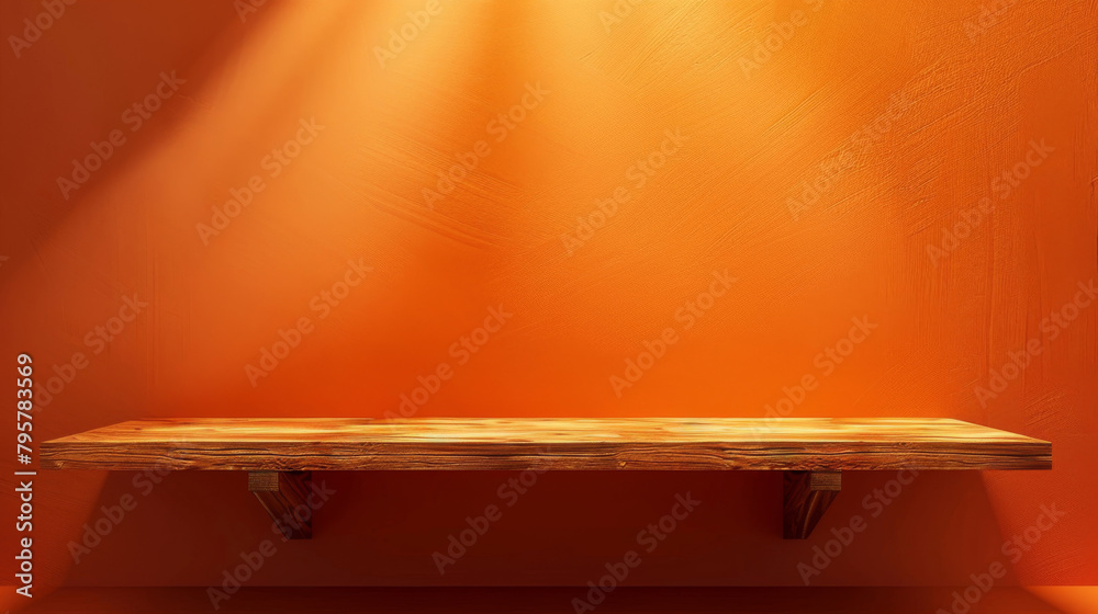 Poster empty wooden shelf on a textured orange wall with spotlight effect for product display