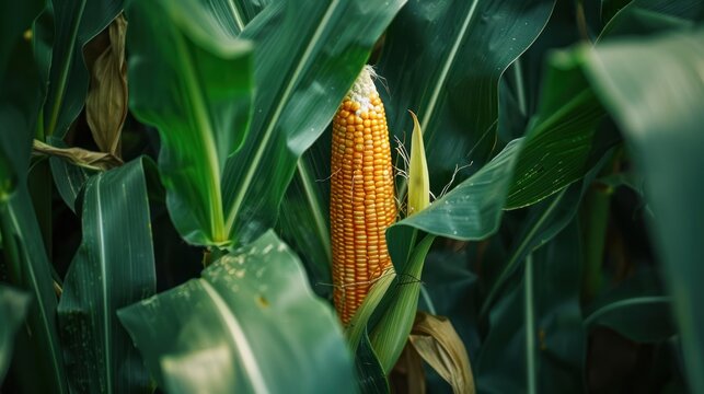 Close up yellow corn cob between green leaves in corn field. AI generated image