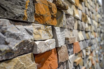 Close-up view of a colorful variety of textured decorative stones arranged in a staggered wall pattern.