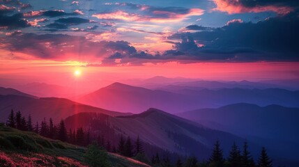Panoramic golden sunset in the mountains landscape scene. AI generated image