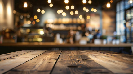 Cozy cafe interior with warm wooden tabletop, perfect for showcasing products