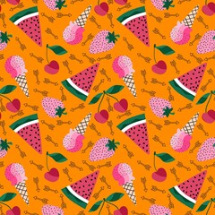 Summer fruit print cartoon seamless watermelon and cherry and ice cream and strawberry pattern for wrapping paper