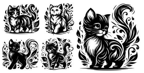 little cat, black decoratiion vector, animal shape silhouette decorative vector, monochrome print clipart illustration, laser cutting engraving nocolor