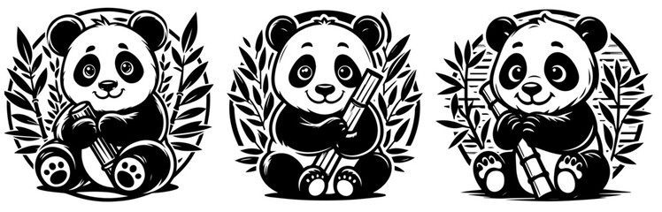 panda bear and bamboo, cute animal black vector, silhouette illustration laser cutting engraving transparent background, monochrome shape