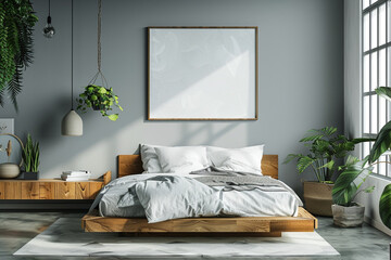 Contemporary bedroom ambiance accentuates poster presentation with natural touch