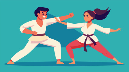 Obraz premium As she confidently spars with her partner a young woman embodies poise and grace honed through years of martial arts practice.