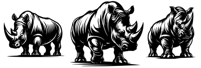 rhino full body black animal shape silhouette vector, monochrome print clipart illustration, laser cutting engraving nocolor