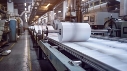 Closeup white paper rolling on web printing press machine industry. AI generated image