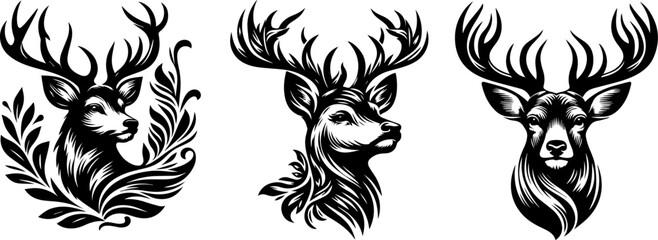 deer head portrait, black animal shape silhouette vector, monochrome print clipart illustration, laser cutting engraving nocolor