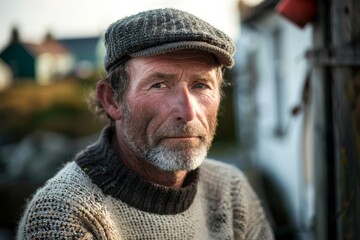 A man in a cozy sweater is pictured anonymized with a neutral background, focusing on style