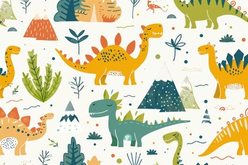 Seamless pattern, cute dinosaurs, on a light background, children's illustration style