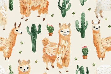 Fototapeta premium Baby seamless pattern, cute alpacas with cacti on a light background, repeating pattern, watercolor style