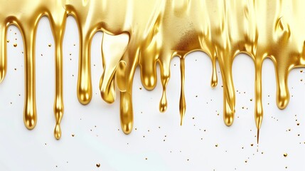 Gold liquid paint dripping on a white background in the style of abstract art, closeup.