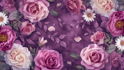 Whimsical magenta floral pattern: large roses, daisies, scattered petals in soft pastel palette. 🌹🌼🎨