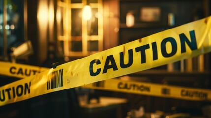 A focused shot of a yellow caution tape with CAUTION boldly printed, set against a dark, blurred indoor background