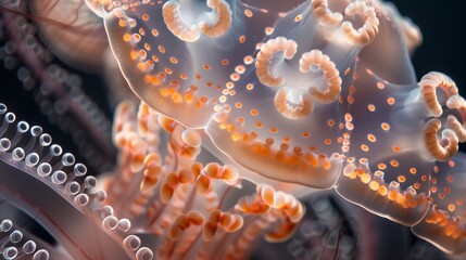A closeup of the tentacles, each petal with tiny beads against an isolated black background.