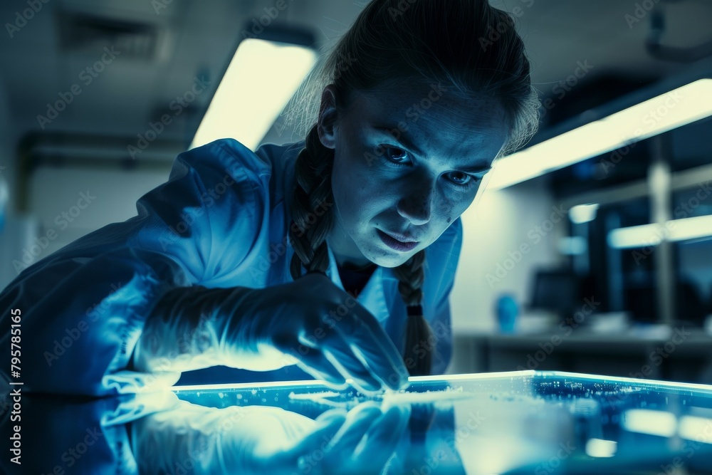Leinwandbilder a scientist analyzes data on a futuristic large screen working late in a lab, signifying innovation 