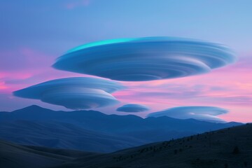 In a tranquil desert landscape, ethereal UFO-like clouds glow with iridescent colors in the dusk sky, evoking wonder
