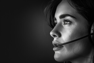 High-contrast black and white snapshot of a thoughtful woman with a headset on