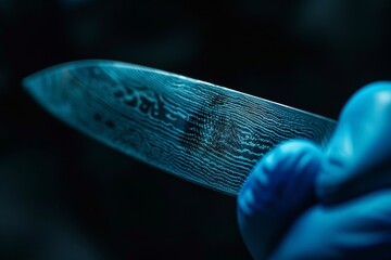 A knife with intricate fingerprint patterns on its blade reflects concepts of identity and crime forensics